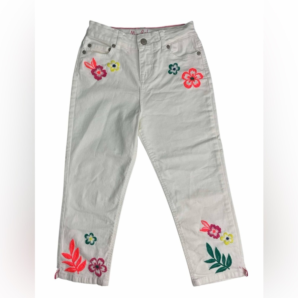 Mini Boden Girls White Corduroy Pants Floral Embroidered Size 11Y Floral Detail